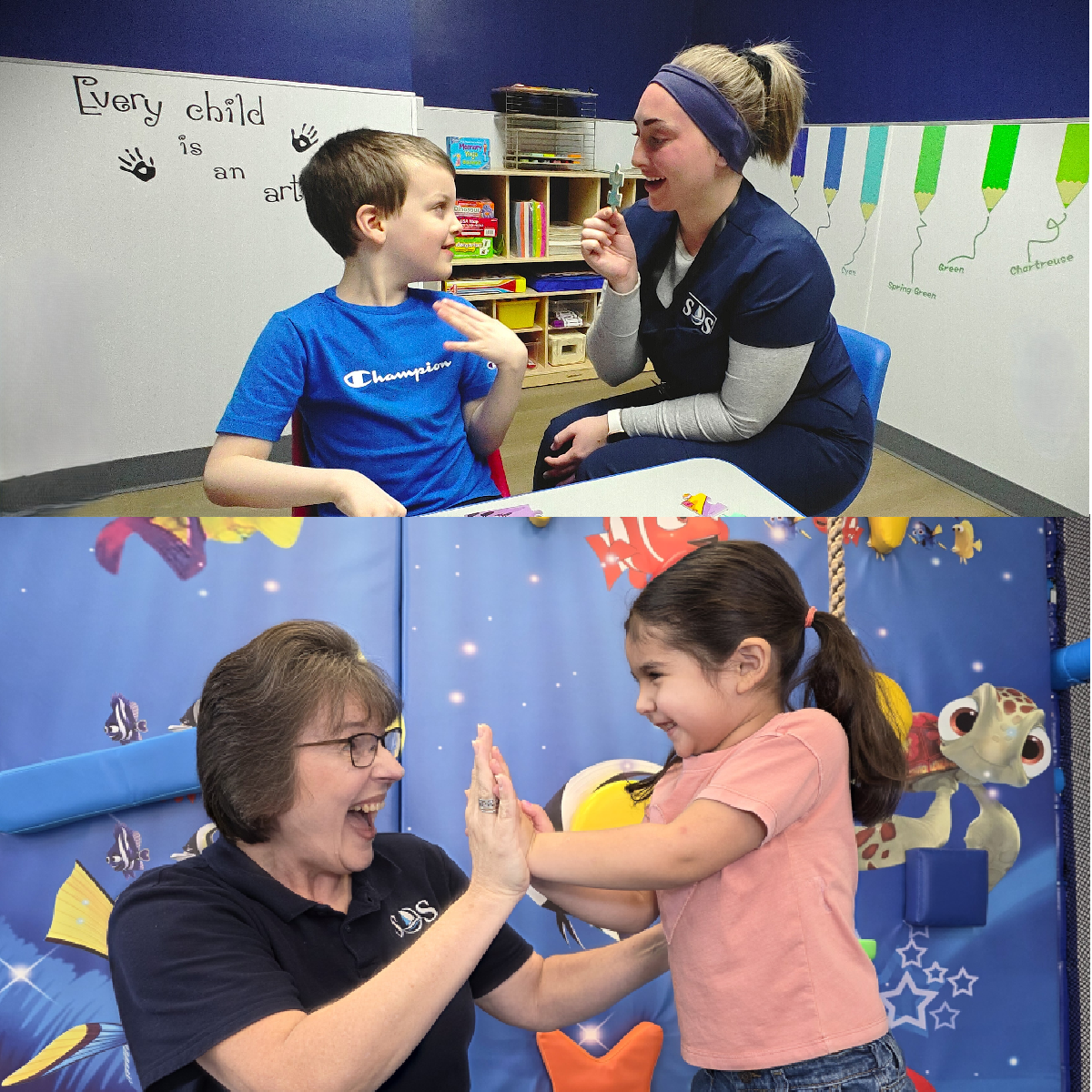 Collage of two photos showing a happy young therapist and an experienced BCBA clinical supervisor providing engaging and rewarding ABA therapy to children at a Success On The Spectrum (SOS) autism clinic.